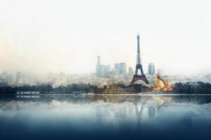 doppelt Exposition Mitte Jahrhundert modern Istanbul Stadt, Bosporus Brücke, und Paris Stadt Eiffel Turm zusammen. ai generiert foto