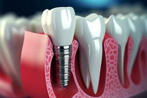 Dental Implantation, Zähne mit implantieren schrauben, Illustration. ai generiert foto