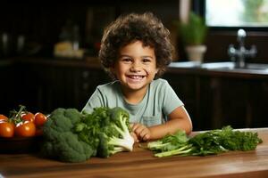 glücklich Kind suchen beim Box voll von Gemüse auf Küche Tisch. ai generiert foto
