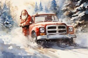 Santa claus Fahren rot Sport Auto auf Weihnachten Tage, liefern die Geschenke.. ai generiert foto