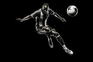 Fußball Spieler im Mitte Luft treten Ball auf ein schwarz Hintergrund . ai generiert foto