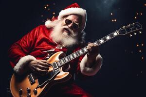 ein Person gekleidet wie Santa claus Theaterstücke elektrisch Gitarre. ai generiert foto