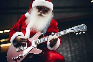 ein Person gekleidet wie Santa claus Theaterstücke elektrisch Gitarre. ai generiert foto