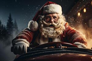 Santa claus Fahren rot Sport Auto auf Weihnachten Tage, liefern die Geschenke.. ai generiert foto