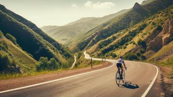 Radfahrer Reiten Fahrrad beim Berg Straße. generativ ai foto