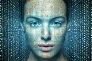 Digital weiblich Gesicht Hologramm auf futuristisch Hintergrund. generativ ai foto