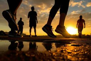 Läufer Silhouetten Ausbildung beim Sonnenuntergang. Sport Aktivitäten draußen. generativ ai foto