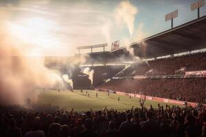 Fußball Stadion mit zündete Beleuchtung, Fackeln und Rauch Bomben. generativ ai foto