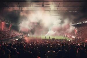 Fußball Stadion mit zündete Beleuchtung, Fackeln und Rauch Bomben. generativ ai foto