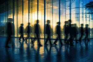 Menschen Silhouettenin Geschäft Büro mit Bewegung verwischen Wirkung. generativ ai foto