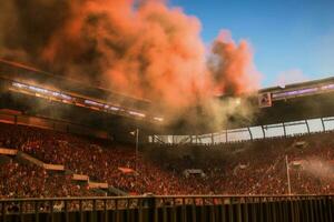 Fußball Stadion mit zündete Beleuchtung, Fackeln und Rauch Bomben. generativ ai foto