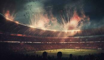 Fußball Stadion mit zündete Beleuchtung, Fackeln und Rauch Bomben. generativ ai foto