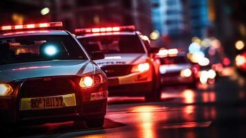 Polizei Auto mit Blinker Beleuchtung beim Nacht Straße. generativ ai foto