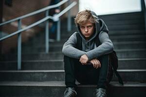 Schule Junge Sitzung allein beim Stufen. Opfer von Schule Mobbing. generativ ai foto