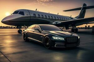 Privat Jet und Luxus Auto im Flughafen. generativ ai foto