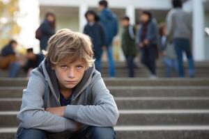 Schule Junge Sitzung allein beim Stufen. Opfer von Schule Mobbing. generativ ai foto