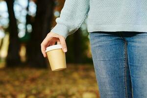 Frau halt Tasse von Kaffee wegbringen im das Herbst Park foto