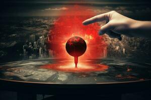 Welt Krieg Konzept. Hand drücken rot Taste zum nuklear Attacke. generativ ai foto