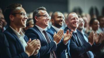 Geschäft Menschen klatschen beim Konferenz. generativ ai foto