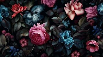 schön Blumen Muster auf schwarz Backgrund. ai generiert foto