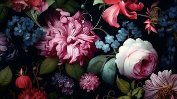 schön Blumen Muster auf schwarz Backgrund. ai generiert foto