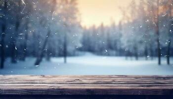 leeren hölzern Tabelle im Vorderseite von Winter Landschaft verschwommen hintergrund.ai generiert foto