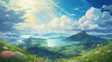 Sommer- Blau Himmel und Fantasie Wolke auf das oben von ein Berg hintergrund.ai generiert foto