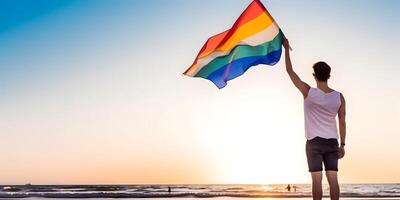 Junge winken Regenbogen Flagge. Konzept von lgbt Stolz. ai generiert foto