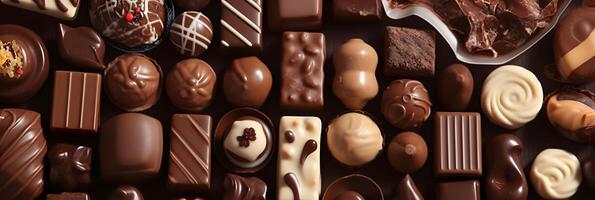 verschiedene Typen und Formen von Schokolade Hintergrund Hintergrund. ai generiert foto