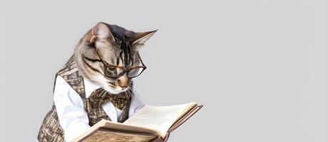 süß Haustier Katze mit Brille und geöffnet Buch. ai generiert. foto