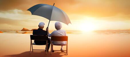 Alten Paar Sitzung beim Sonnenuntergang Strand. Konzept von Alten Liebe. ai generiert foto