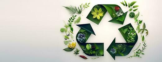 Recycling Symbol aufwendig mit Grün Blätter und Blumen. ai generiert. foto