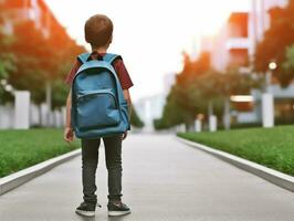 Schüler Junge mit Rucksack auf Weg zu Schule. Konzept von zurück zu Schule. ai generiert foto