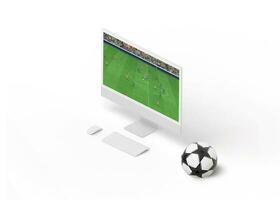 Fußball Spiel auf das Anzeige. das Konzept von online Streaming von Sport Veranstaltungen. isometrisch Sicht. Fußball Ball neben foto