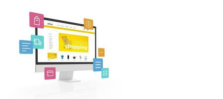 Computer Anzeige mit Einkaufen online Text auf E-Commerce Netz Seite Konzept. fliegend Einkaufen Symbole und Kopieren Raum neben. isoliert im foto