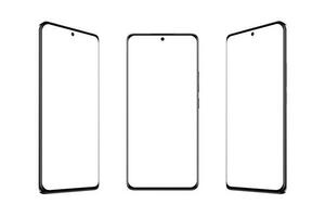 modern Clever Telefon mit dünn und runden Kanten mit isoliert Bildschirm und Hintergrund. Vitrine im drei Position. Bildschirm Attrappe, Lehrmodell, Simulation zum App Präsentation foto