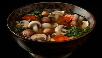 gesund Vegetarier Suppe mit frisch organisch Pilze und Petersilie Garnierung generiert durch ai foto