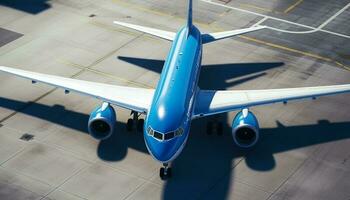 Blau Flugzeug nehmen aus, Verlassen Flugplatz zum Geschäft Reise Reise generiert durch ai foto