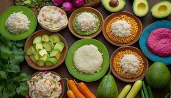 frisch Guacamole Salat Schüssel mit multi farbig Gemüse und Reis generiert durch ai foto