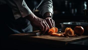 gesund Vegetarier Mahlzeit Vorbereitung frisch organisch Obst und Gemüse Scheiben generiert durch ai foto