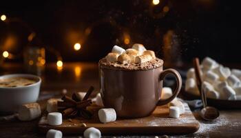 heiß Schokolade mit Marshmallows auf rustikal Tabelle generiert durch ai foto
