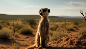 Erdmännchen Stehen Alarm, Aufpassen Sonnenuntergang im Wildnis generiert durch ai foto