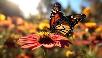 beschwingt Schmetterling auf Gelb Blume im Wiese generiert durch ai foto