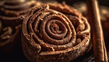 gerollt oben Süss Schokolade Spiral- auf Holz generiert durch ai foto