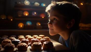 süß Jungs lächelnd, verwöhnen im Süss hausgemacht Dessert generiert durch ai foto