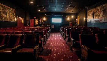komfortabel Sessel im modern Film Theater Auditorium generiert durch ai foto