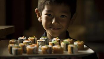 lächelnd Jungs halten Platten von frisch Meeresfrüchte generiert durch ai foto