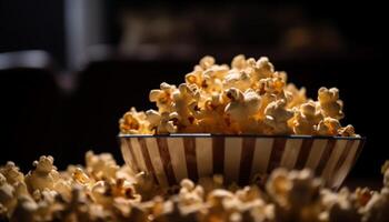 frisch Popcorn im Gelb Schüssel zum Film Nacht generiert durch ai foto