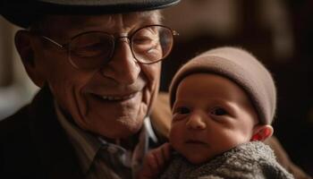 multi Generation Familie lächelnd draußen, Verbindung mit Liebe generiert durch ai foto