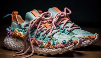 multi farbig Sport Schuh Schnürsenkel gebunden im Knoten generiert durch ai foto